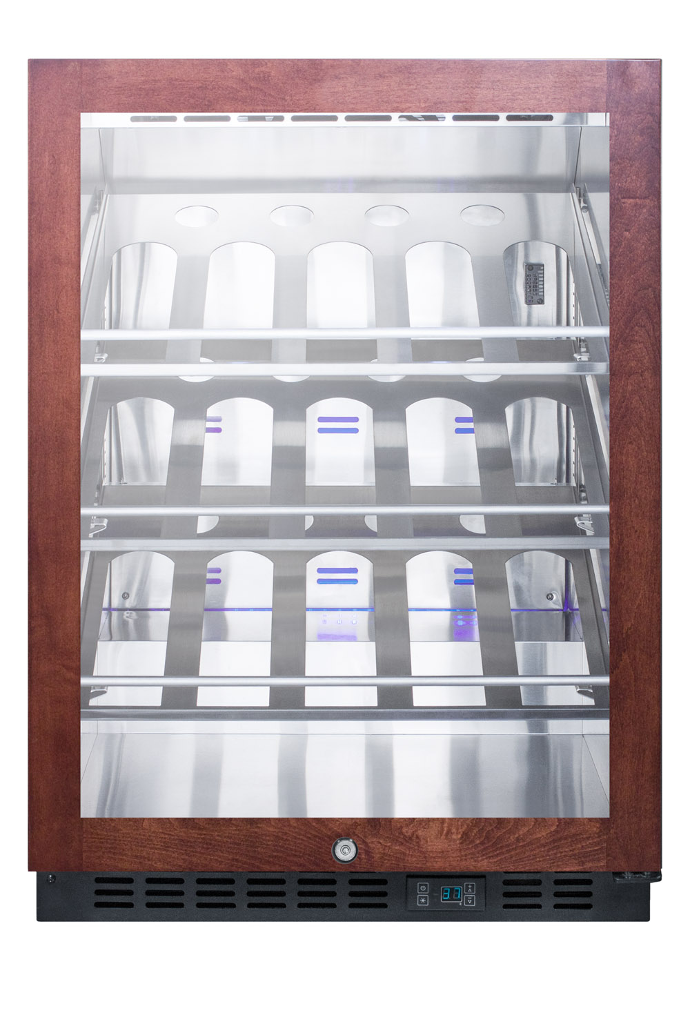 Built-in undercounter commercially listed wine cellar with panel-ready door trim, stainless steel interior, champagne shelving, digital controls, and black cabinet